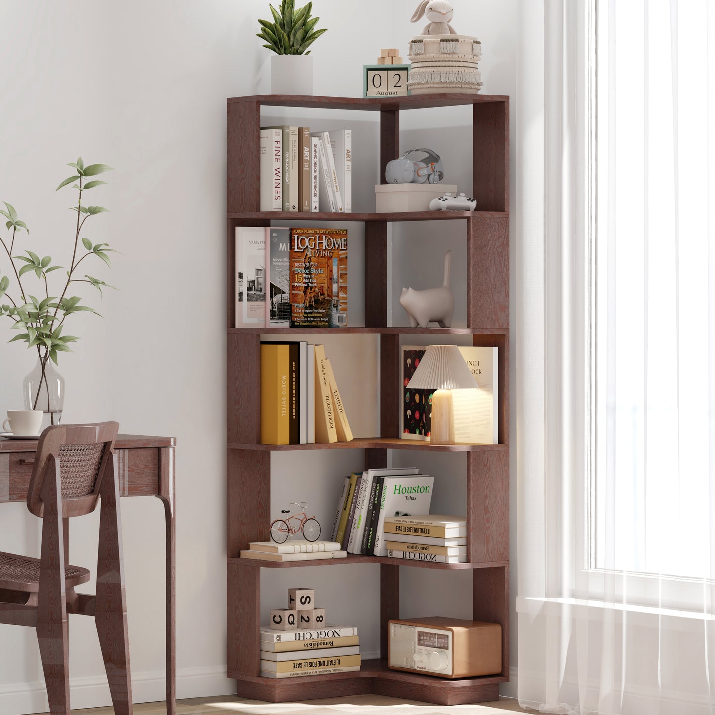 6 Tier Freestanding L-Shaped Corner Bookshelf For Living Room,