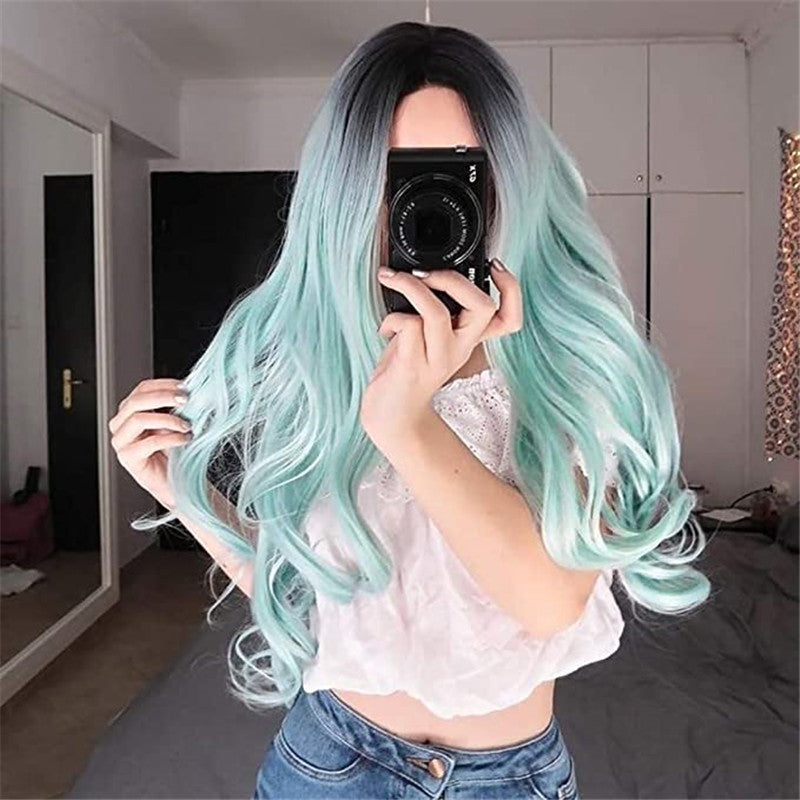 Black Mint Green Synthetic Wig - Long Curled Split Fiber Hair Extension