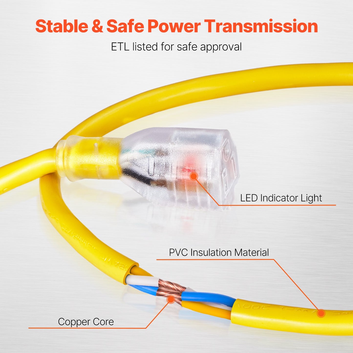 Heavy Duty 100FT Extension Cord 12AWG 15A Waterproof with Lighted End