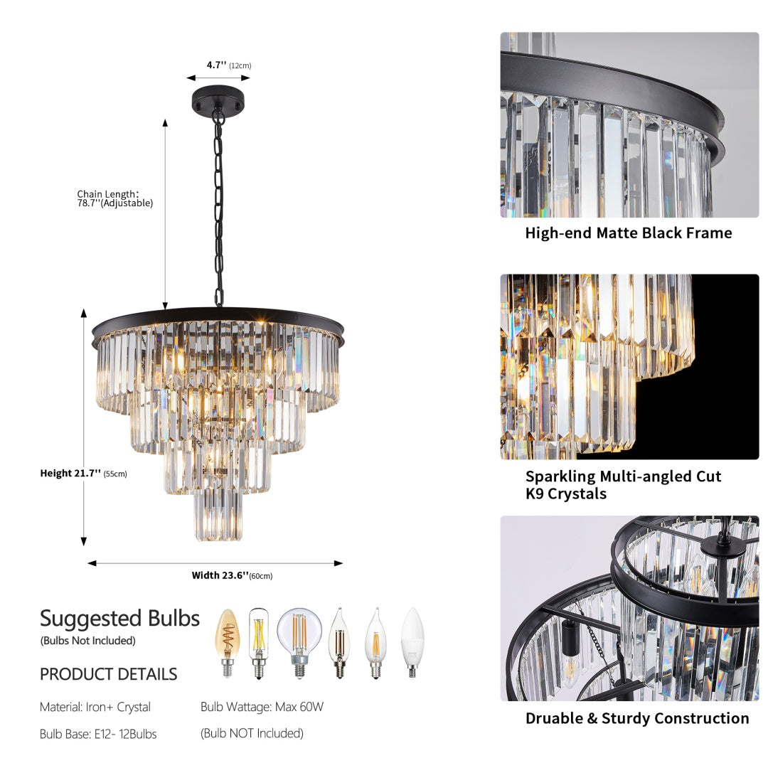 Elegant Black Crystal Chandelier - 4 Tier Modern Lighting Fixture