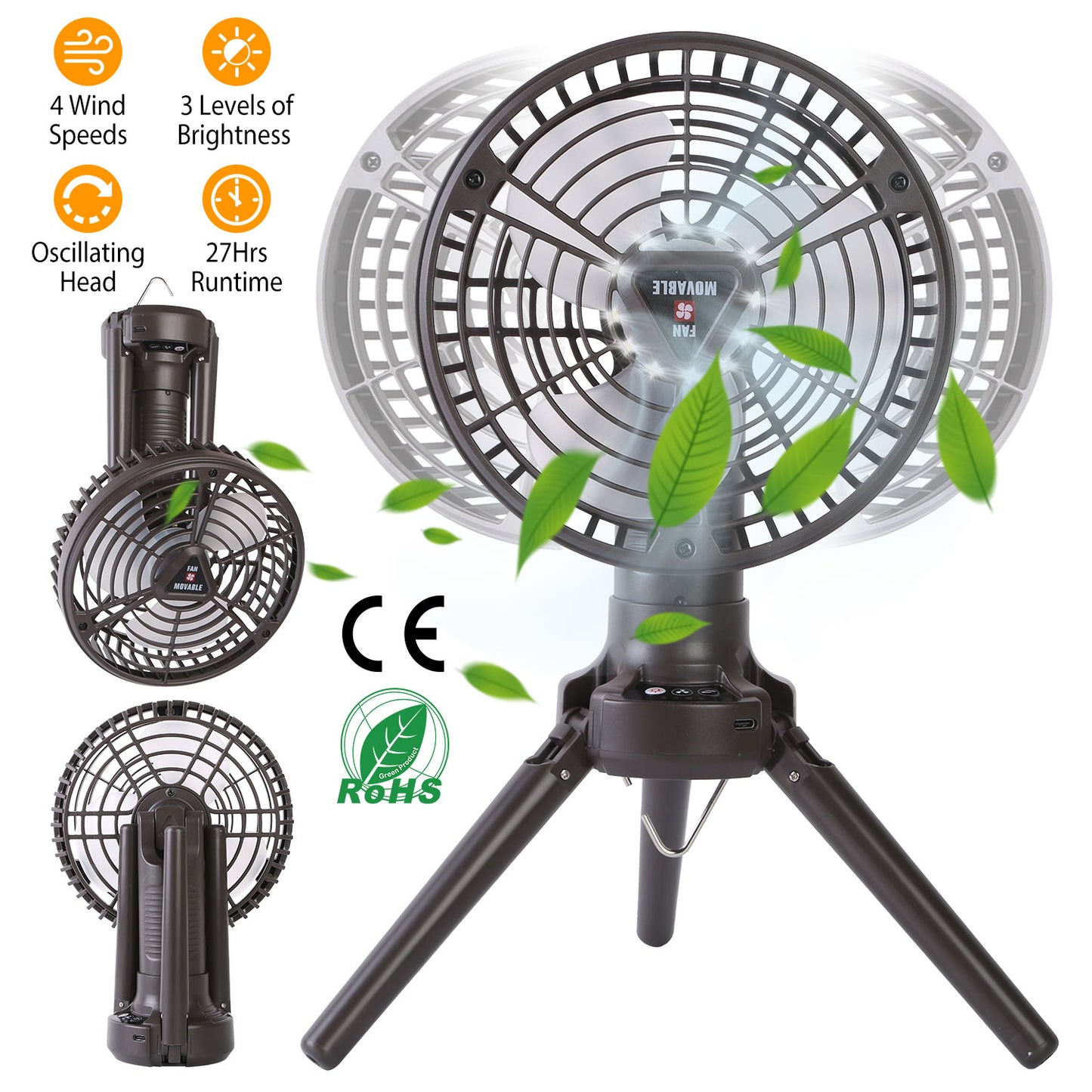 10400mAh Portable Camping Fan with LED Light - Black