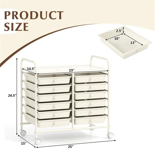 12-Drawer Rolling Storage Cart - 2-Row 10-Storey, Multicolor Drawers,