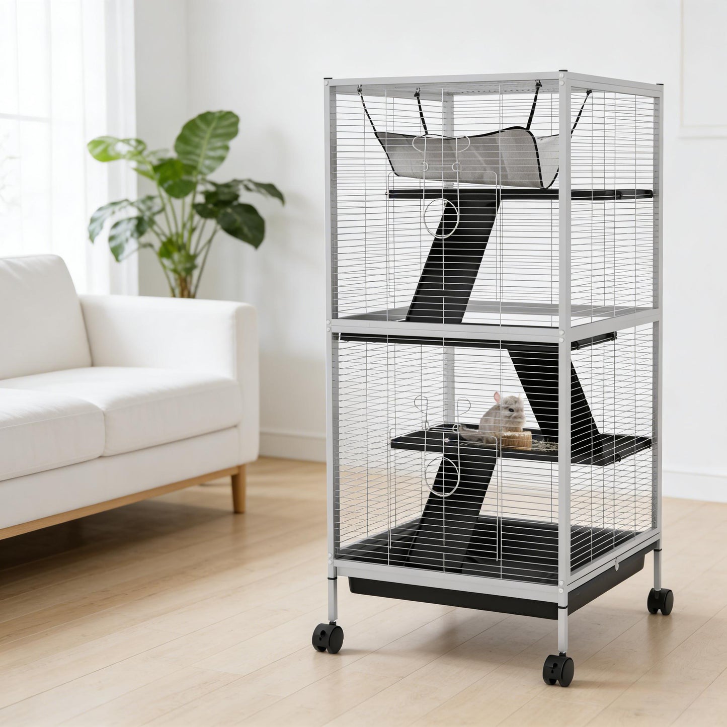 Spacious Small Animal Hutch Cage - Rolling Pet House in White