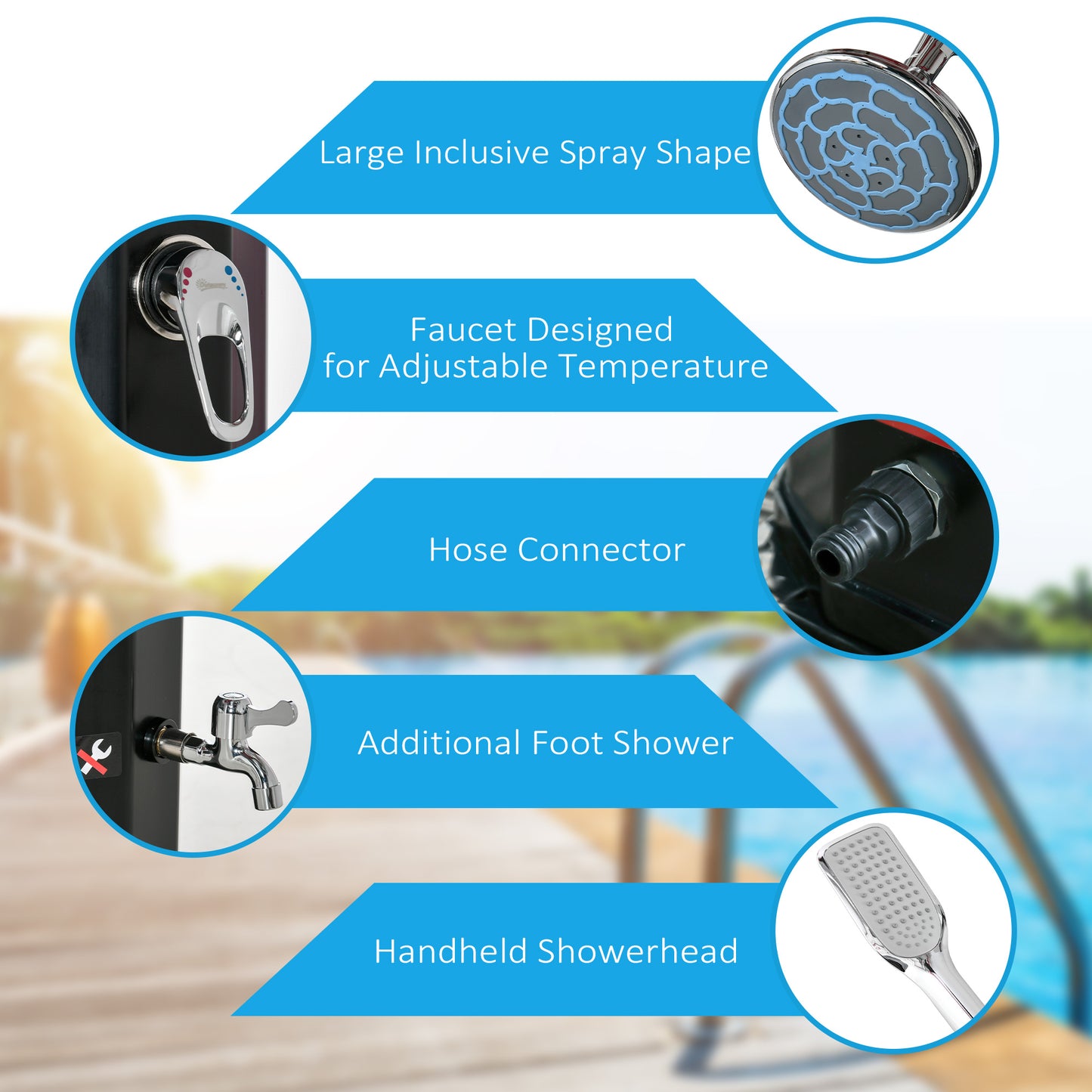 Outdoor Solar Heated Shower with 360° Rainfall & Handheld Showerhead