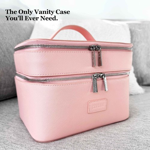 ZEVGANI Vanity Case Leather Makeup Bag with Mirror, Large Travel Toiletry Bag Make up Cosmetic Organizer Dual Compartments Brush Storage & Removable Divider for Full-Size Toiletries Skincare, Pink