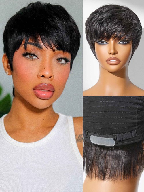 LUVME HAIR Ultra Comfort Throw On & Go Short Pixie Cut with Bangs 5 Inches Skin Friendly Cotton Cap 100% Real Human Hair Glueless Wig Glueless Wig Hair Loss Friendly Full Machine Made 22.5 Wig Cap
