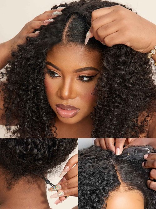 LUVME HAIR V Part Wig Human Hair Drawstring Wig Kinky Curly Half Wig 16 inch U Part 100% Real Human Hair Glueless None Lace Wigs Virgin Hair Machine Made Wigs 200 Density Natural Color