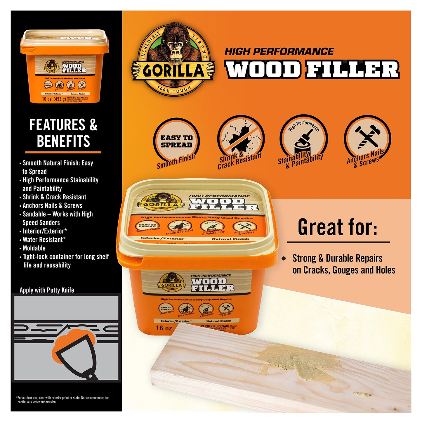 Gorilla All Purpose Wood Filler, Natural Finish, 16 Ounce Tub (Pack of 1) - Water Resistant for Indoor or Outdoor Projects and Repairs