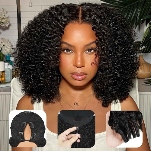 V Part Burmese Curly Wig Human Hair 200% Density Upgrade U Part Wig with Drawstring No Leave Out Glueless V Shape Full Head Clip In Half Wig Curly Human Hair Wig for Black Women Natural Color 18 Inch
