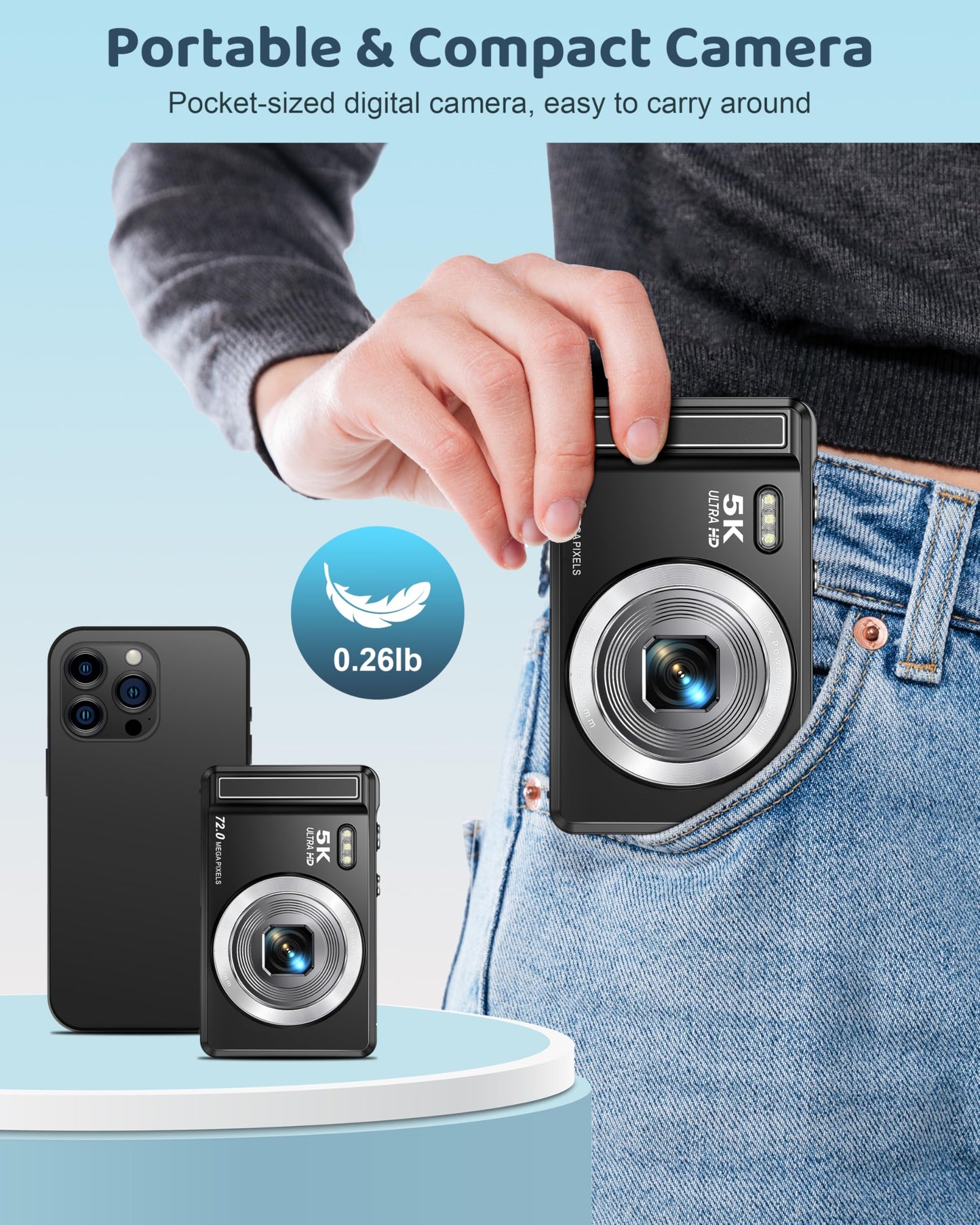 5K Digital Camera - 72MP UHD Digital Cameras for Photography - Autofocus Point and Shoot Small Camera with Flash for Kids - 2.8 Inch Screen Compact Portable Vlogging Camara with 16X Zoom, 32GB SD Card