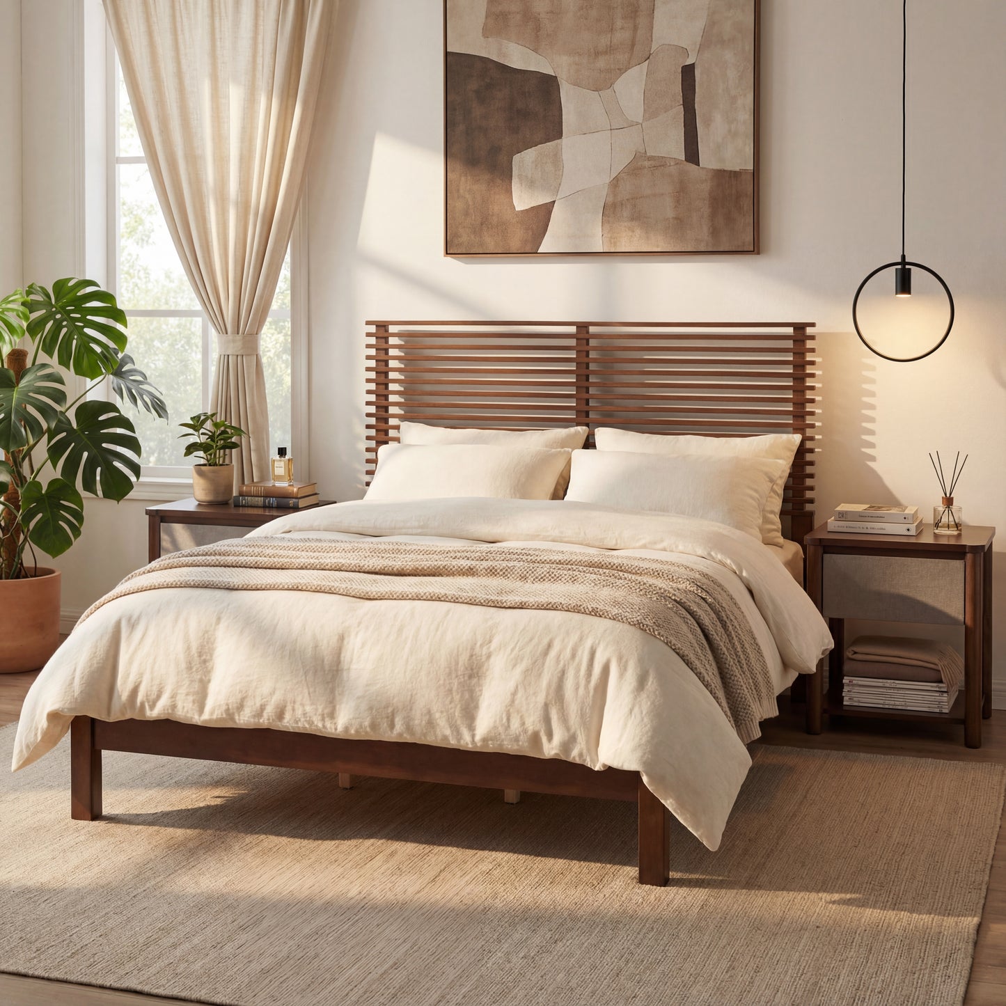 Premium Solid Wood King Size Bed Frame With Headboard, -Walnut Color,