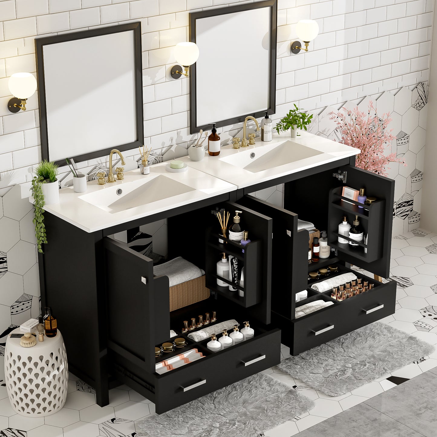 60" Black Bathroom Vanity Set with Double Ceramic Sinks