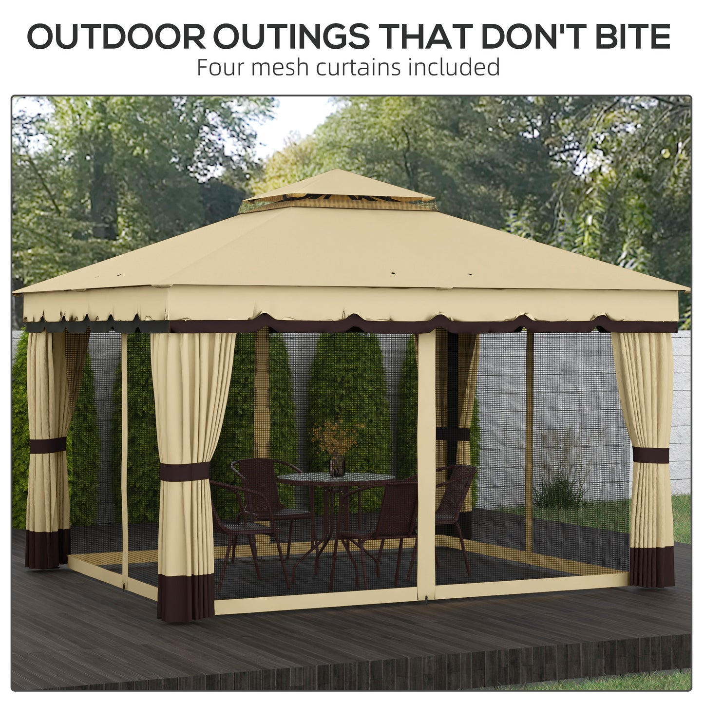 10x12 Double Roof Patio Gazebo Canopy with Netting & Curtains - Beige