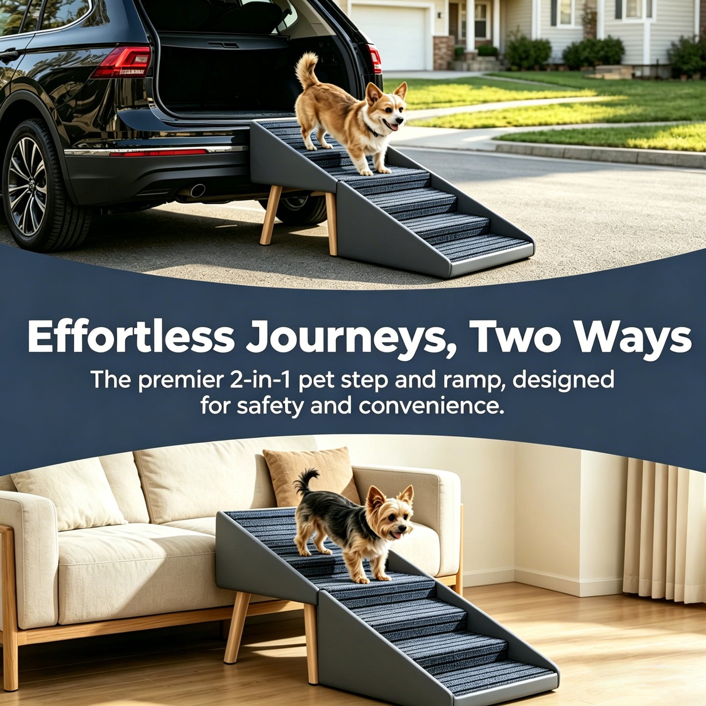 Foldable Dog Steps and Ramp for Bed Couch - Anti-Slip Pet Stairs, Grey