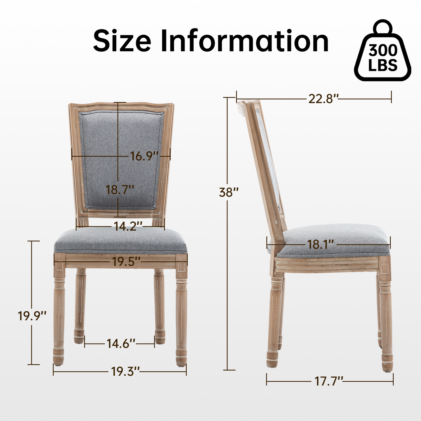 Farmhouse Dining Chairs Set of 2 - Grey Cushioned Linen Seat