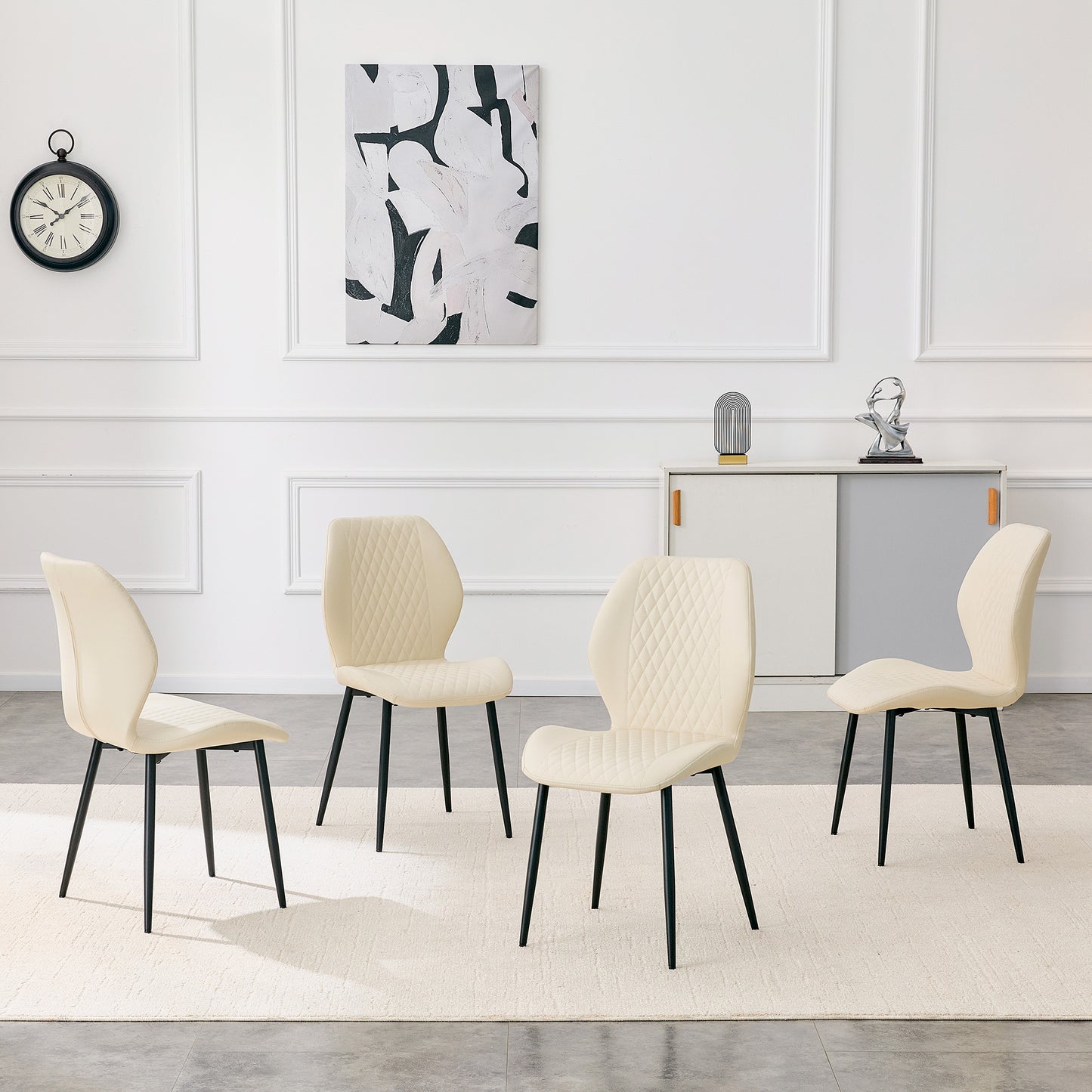 Set Of 4 Modern Light Luxury White Diamond-quilted PU Chairs With