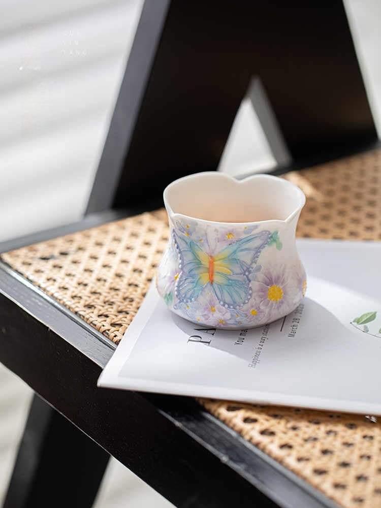 Hand-Painted Butterfly Ceramic Teacup - Under glaze Home Drinkware Corset Style