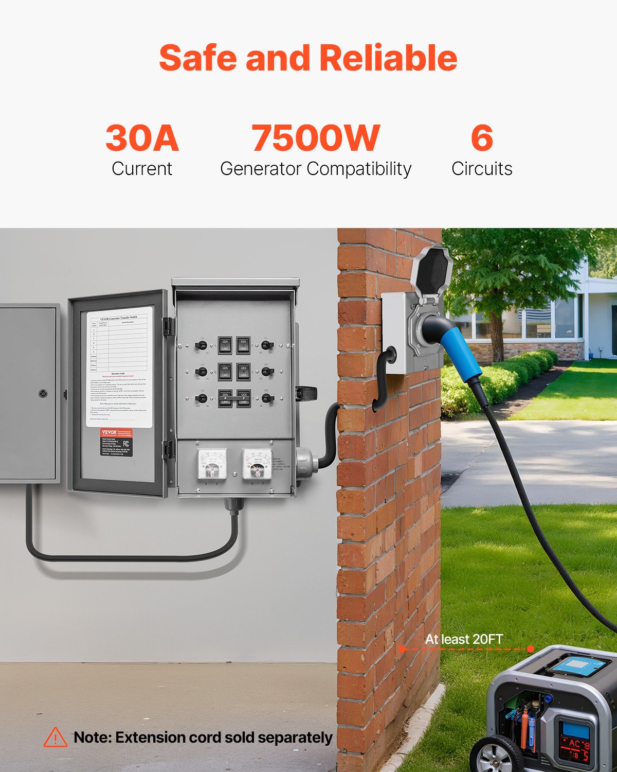 Manual Transfer Switch 30A 7500W NEMA 3R Weatherproof Generator Switch Kit