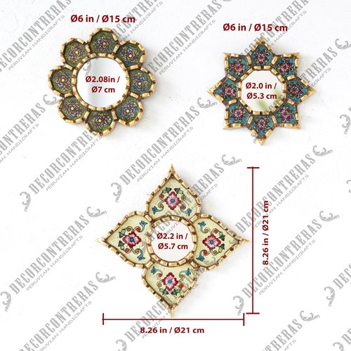 DECORCONTRERAS Handmade Peruvian Mirror Set – Reverse Painted Glass – Small Decorative Mirrors for Wall – Artisan Star & Diamond Designs – Unique Wall Decor Gift