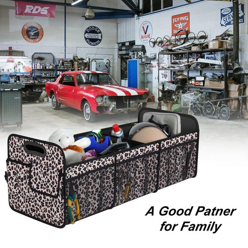 Femuar Collapsible Trunk Organizer - 90L Large Capacity with 15 Pockets, Waterproof for SUV/Car/Jeep/Sedan, Extra Large Leopard Print