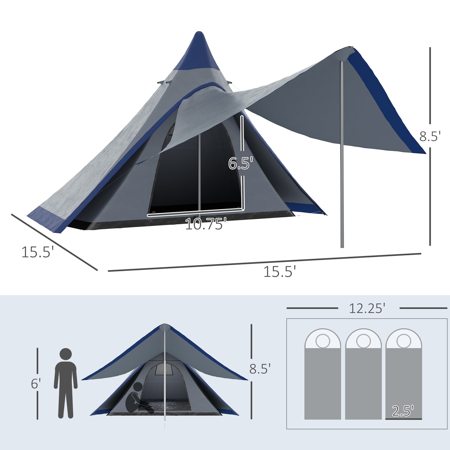 Waterproof 2-3 Person Camping Teepee Tent with Porch - Blue
