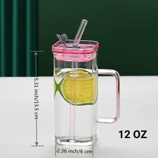 Pink Borosilicate Glass Cup with Straw and Lid - 6 Colors