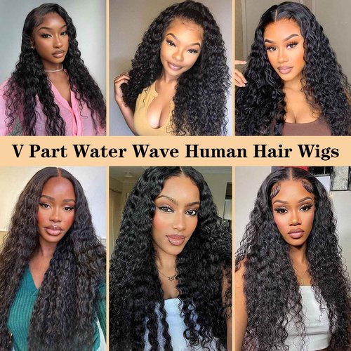 V Part Wig Human Hair Water Wave No Leave Out Upgrade U Part Wig for Black Women 180% Density Water Curly Glueless V Part Human Hair Wigs No Glue No Sew Clip In Half Wig Beginner Friendly (16 Inch)
