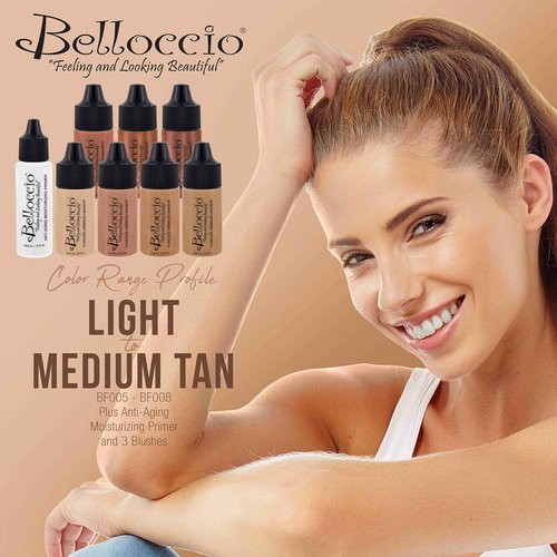 Belloccio Professional Beauty Airbrush Cosmetic Makeup System with 4 Medium Shades of Foundation in 1/4 Ounce Bottles - Kit Includes Blush, Bronzer and Highlighters