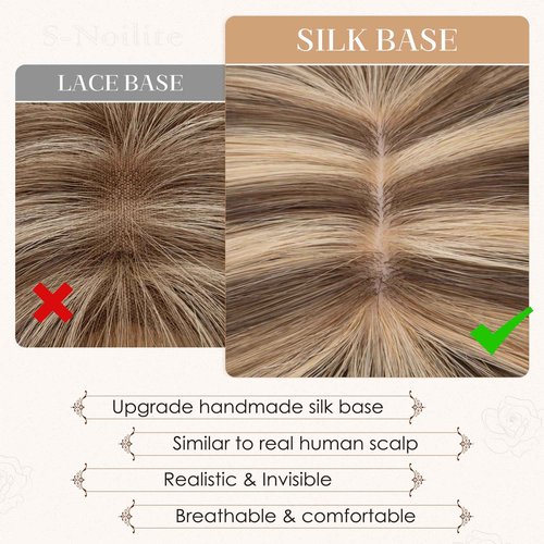 S-noilite Human Hair Toppers for Women with Bangs 100% Real Human Hairpiece 5"x3" Clip in Silk Base Topper Piece Cover Thinning Fine Hair 12 inch Medium Brown Highlighted Honey Blonde