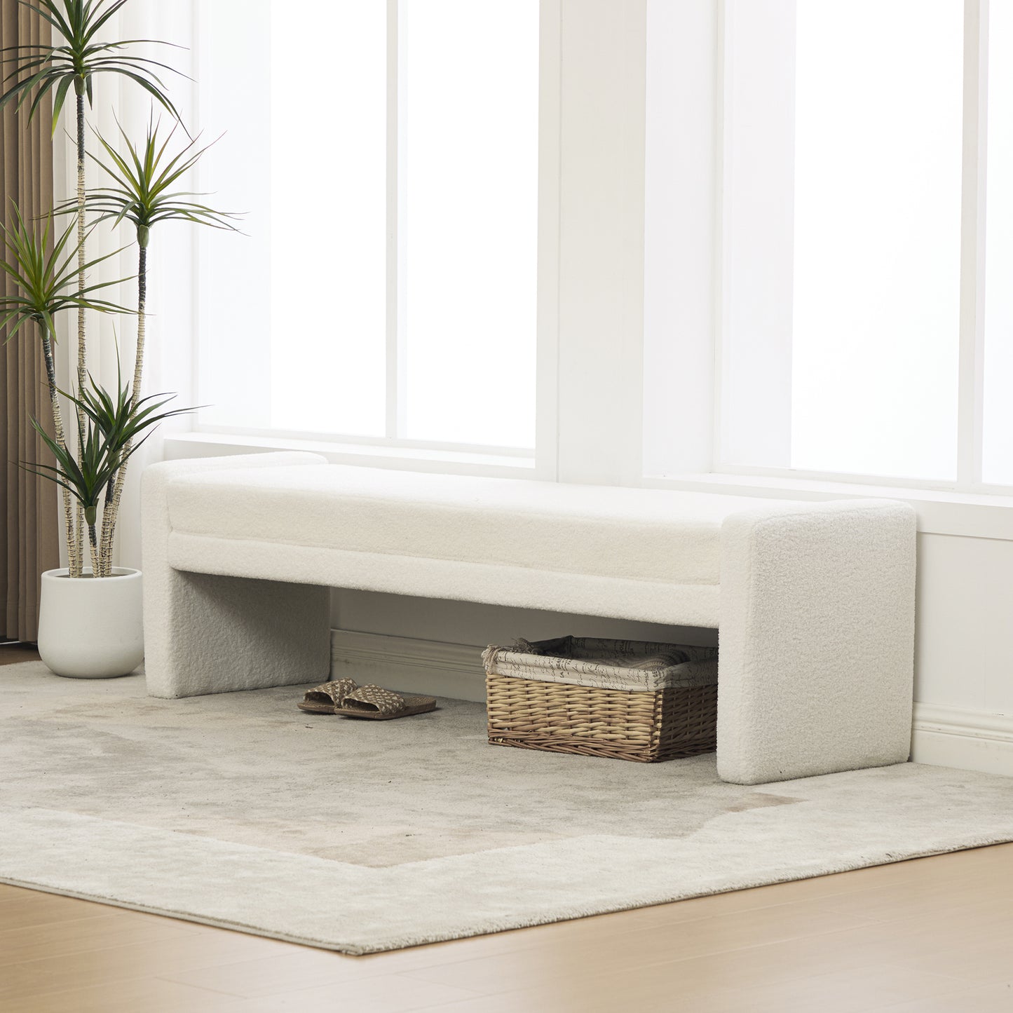 66.9" Modern Upholstered Cozy Boucle Bench - Ivory