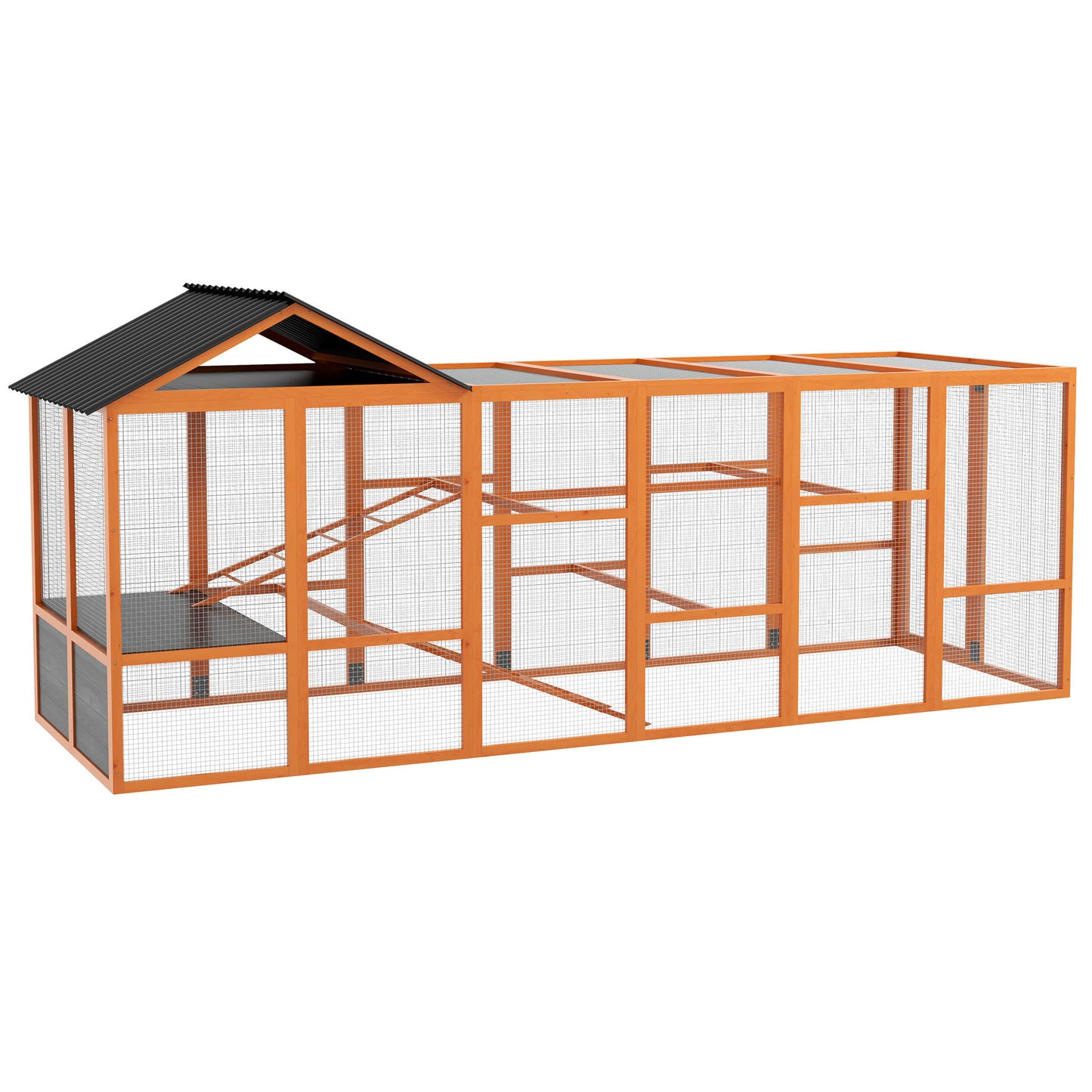 Wooden Chicken Coop Run for 6-10 Chickens with Storage and Perches - 141.75 x 48 x 61 inches, Orange