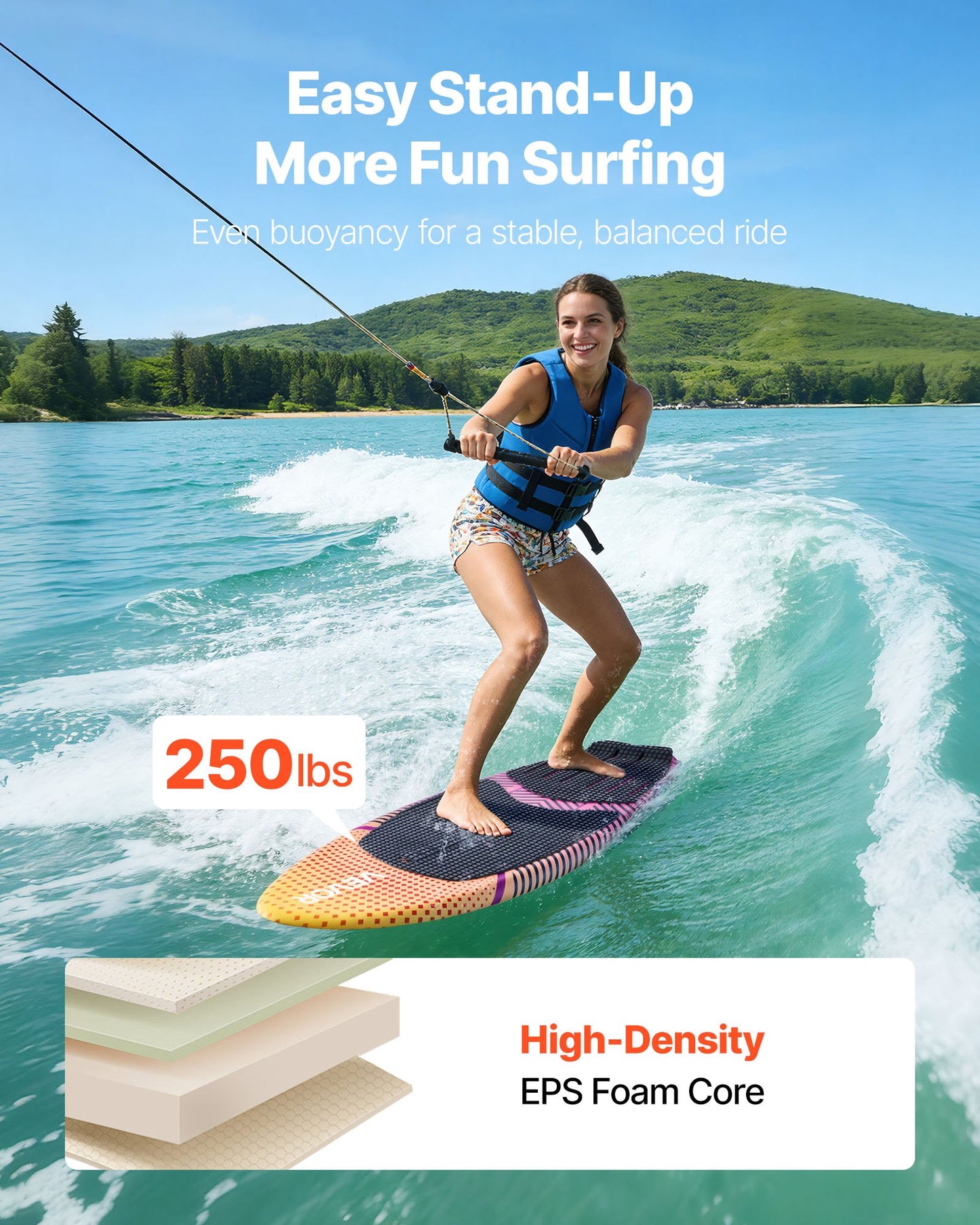 63-Inch Wakesurf Board with EPS Foam Core Non-Slip Pad & Fins - Black