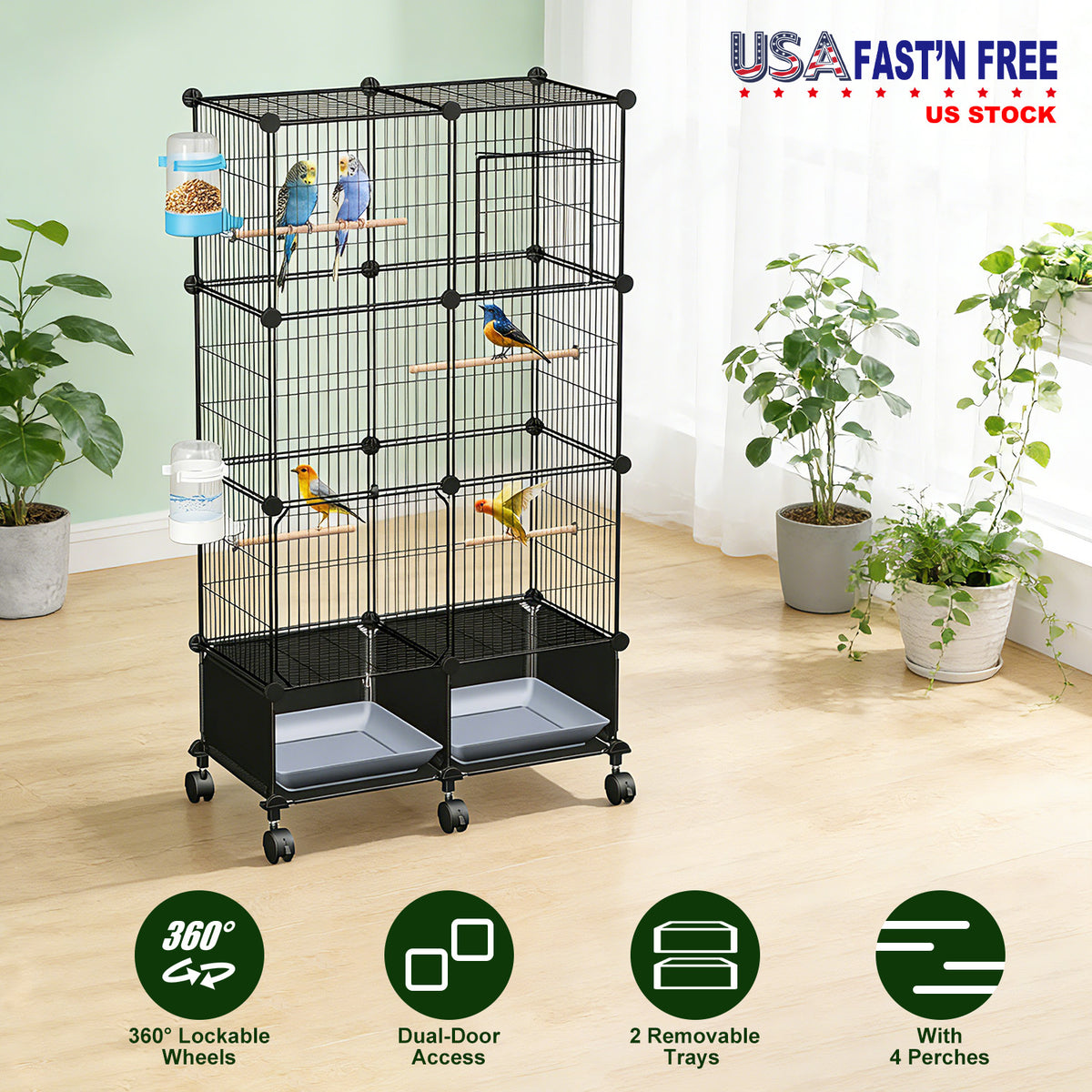 Spacious Bird Cage with Perches Water Bottles and Lockable Wheels for Small to Medium Birds