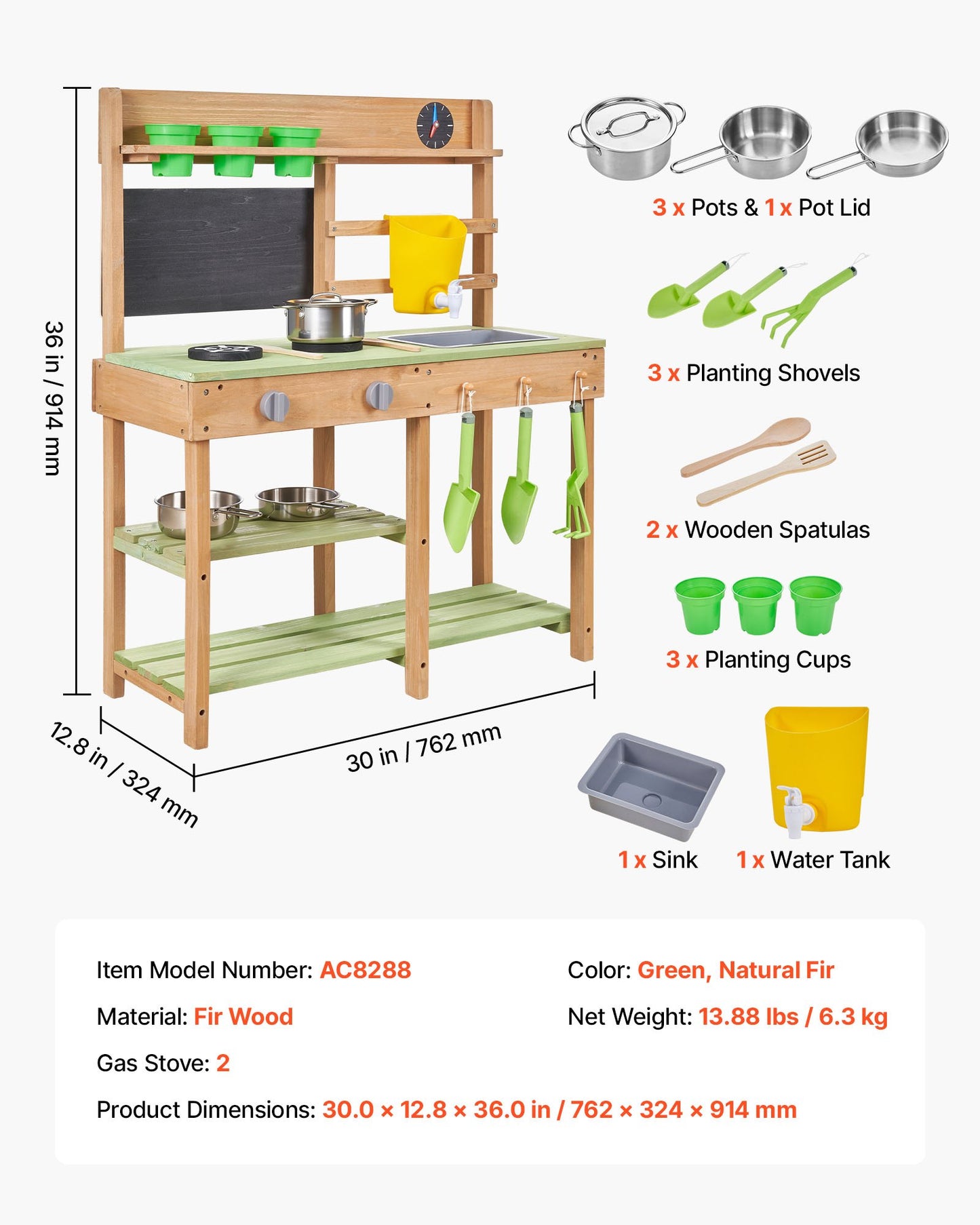 Outdoor Kids Mud Kitchen with Stoves Sink & Accessories - Wooden Play Set for Garden