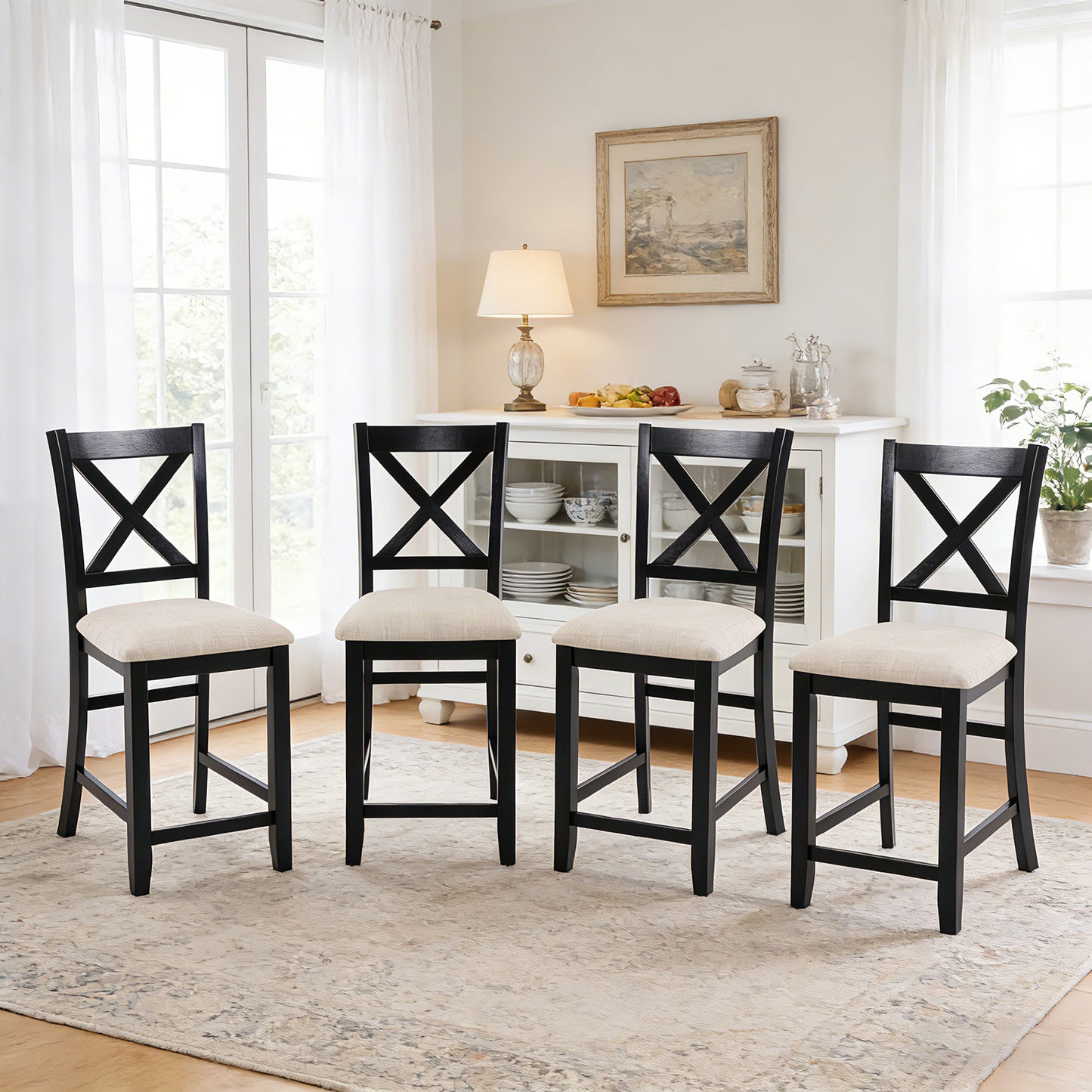 Wooden Counter Height Dining Chairs Set of 4 - Black & Beige