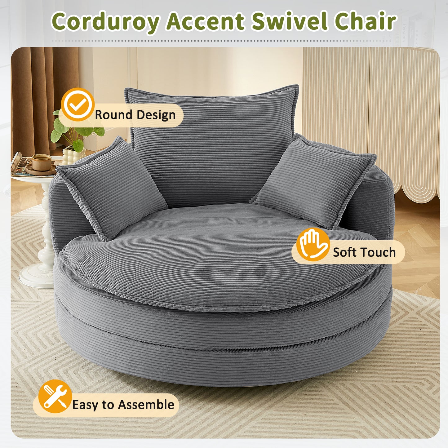 360° Swivel Barrel Chair with Dual-Layer Cushion - Grey