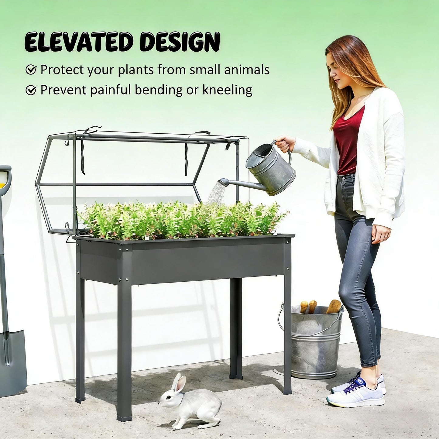Outdoor Elevated Garden Box with Greenhouse - Dark Gray