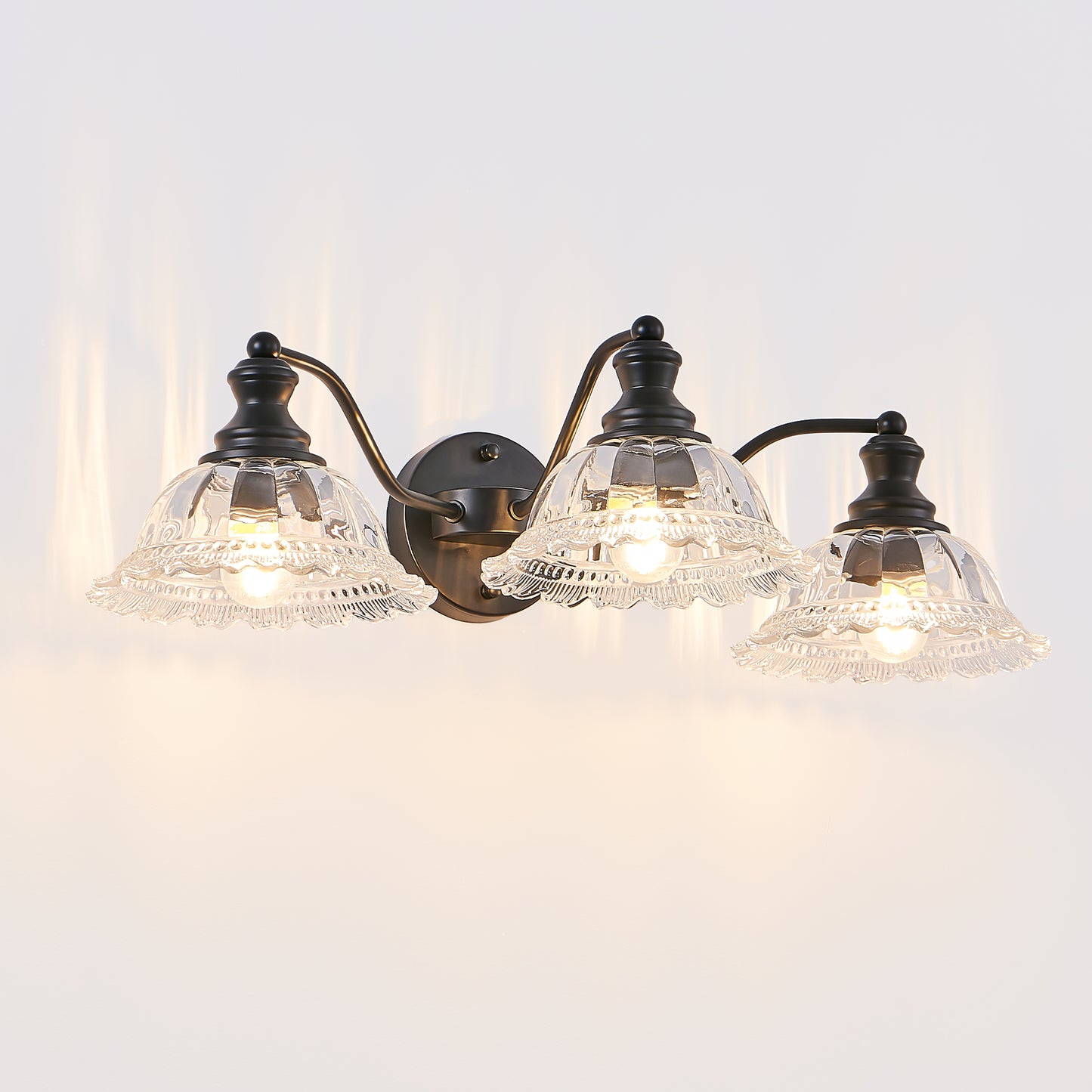24 Inch 3-Light Vintage Bathroom Wall Sconce Black Metal Glass Vanity Light Fixture