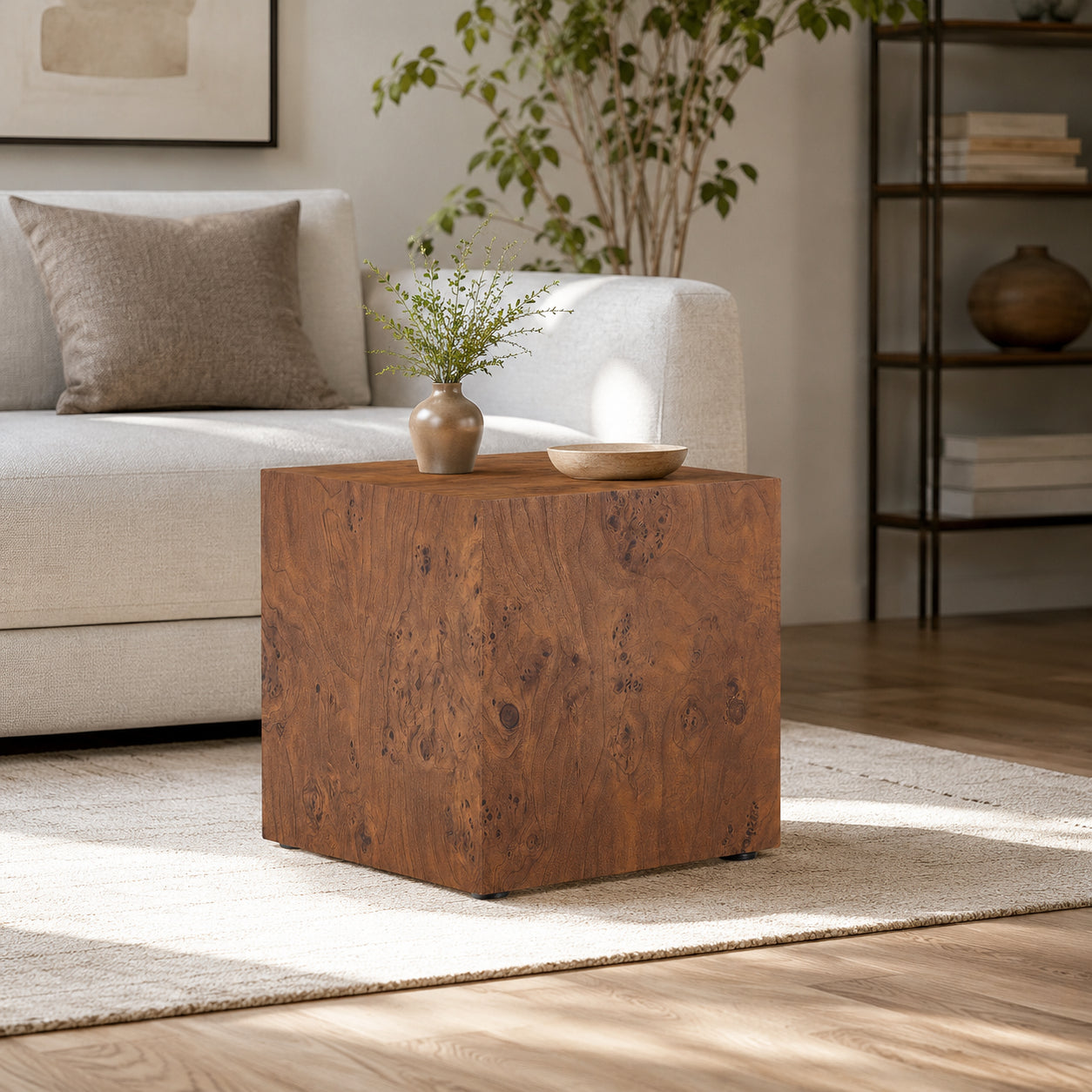 Height Adjustable Burl Walnut Veneer MDF Cube Table - 15.7"