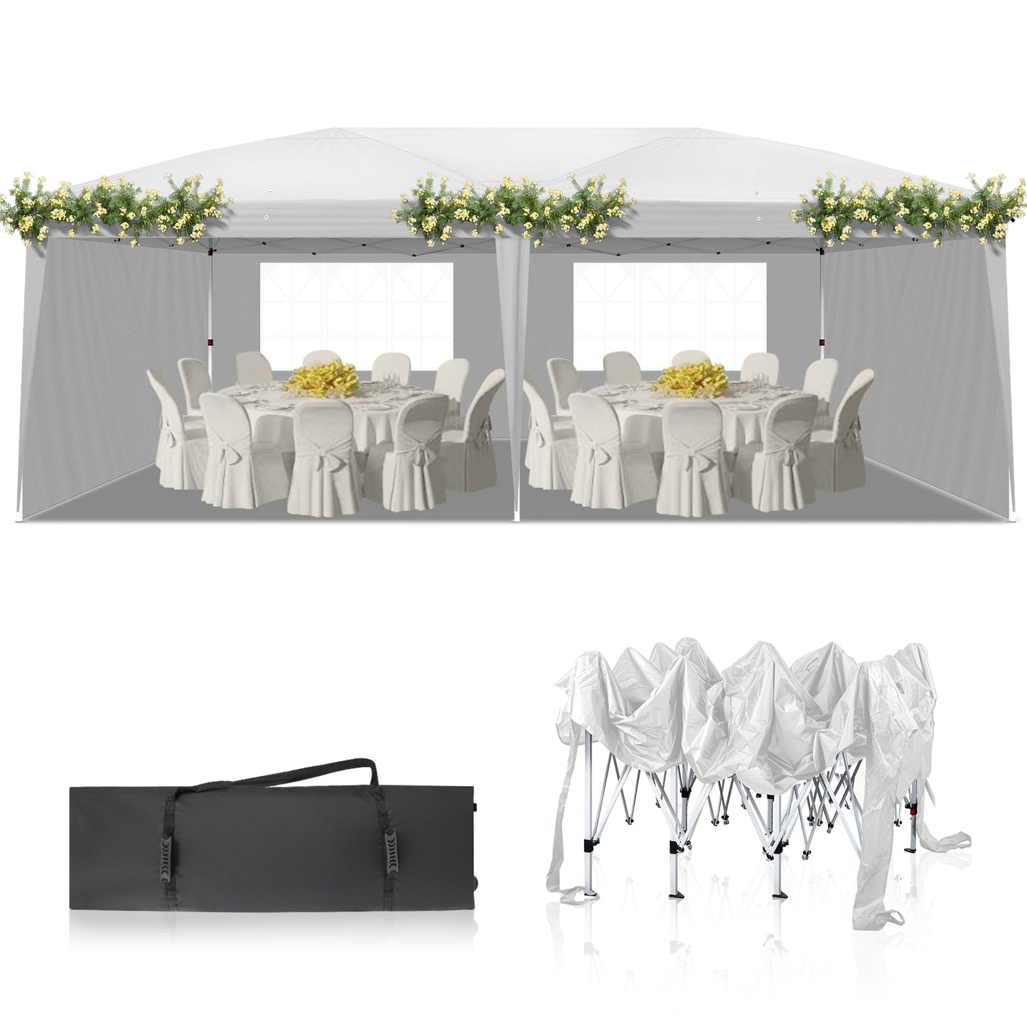20x10ft White Waterproof Folding Tent with 2 Windows