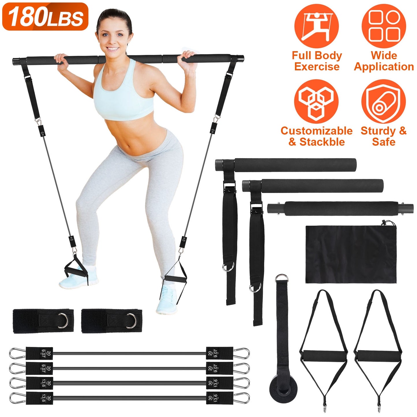 Multifunctional Pilates Bar Kit with Elastic Resistance Bands