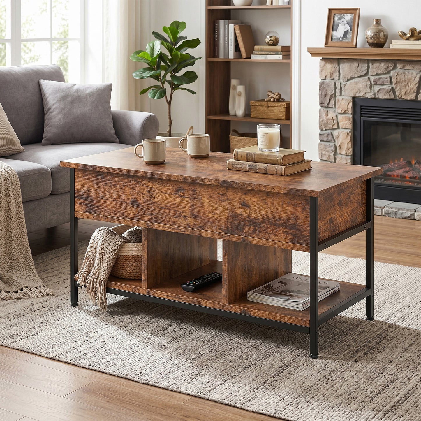 Lift Top Coffee Table with Hidden Storage - Retro Design