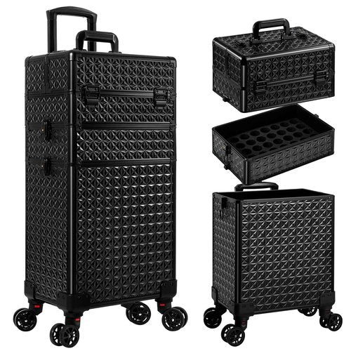 JINGUAN 3 in 1 Rolling Makeup Train Case Professional Large Cosmetic Trolley Cosmetology Case on Wheels Traveling Cart Trunk for Hairstylist Artist Nail Beauty Salon Barber, Black