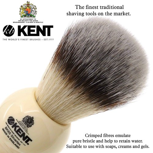 Kent BK8S Shaving Brush with Ultra-Soft Silvertext Synthetic Bristles and Faux Ivory Resin Handle with VSB6 1.5" Water Resistant Mock Ivory Shaving Brush Stand