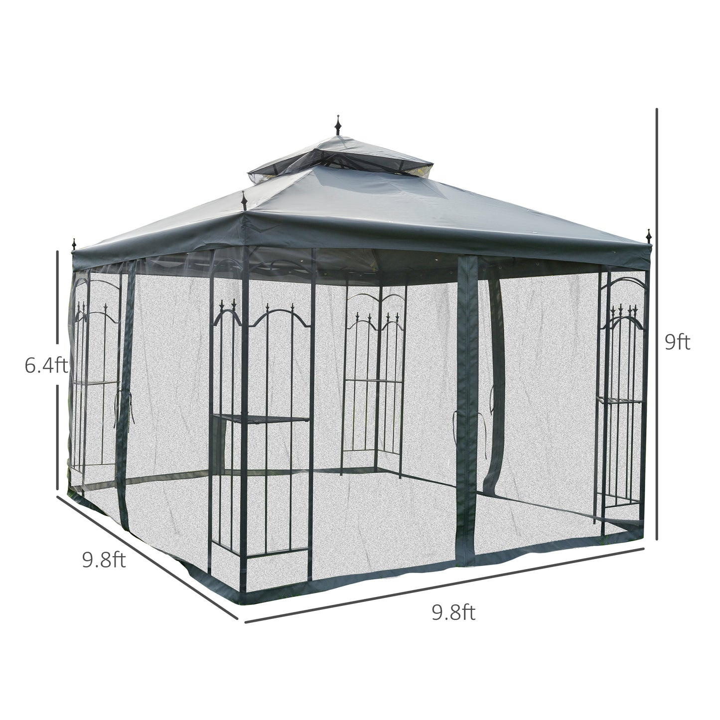 118" Steel Outdoor Patio Gazebo Canopy with Mesh Curtains & Shelves - Gray