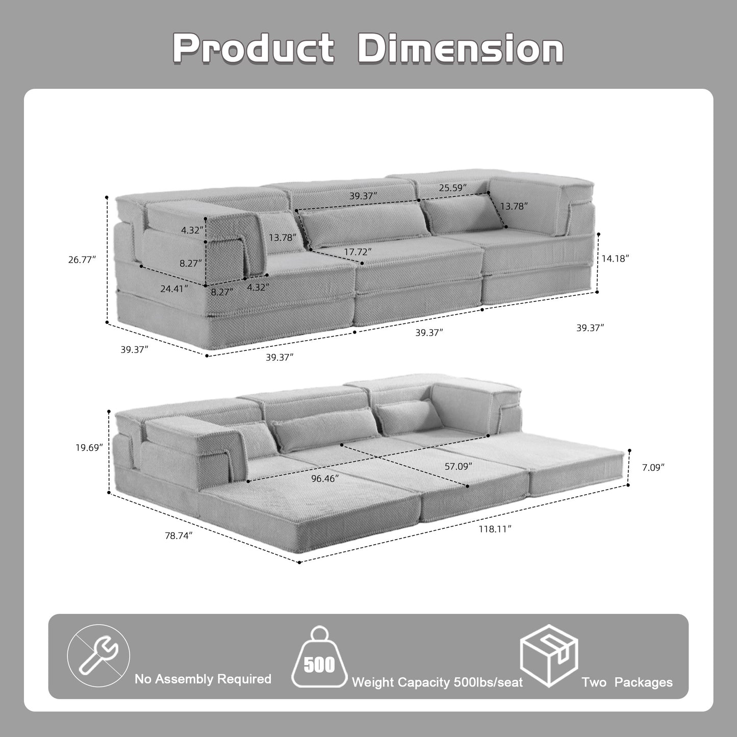 Convertible Modular Floor Sofa Bed - Light Grey 3-Seater with Pillows