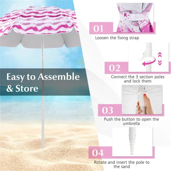 4-Piece Beach Set with 6.2ft Sun-Proof Umbrella & 2 Chairs - Pink