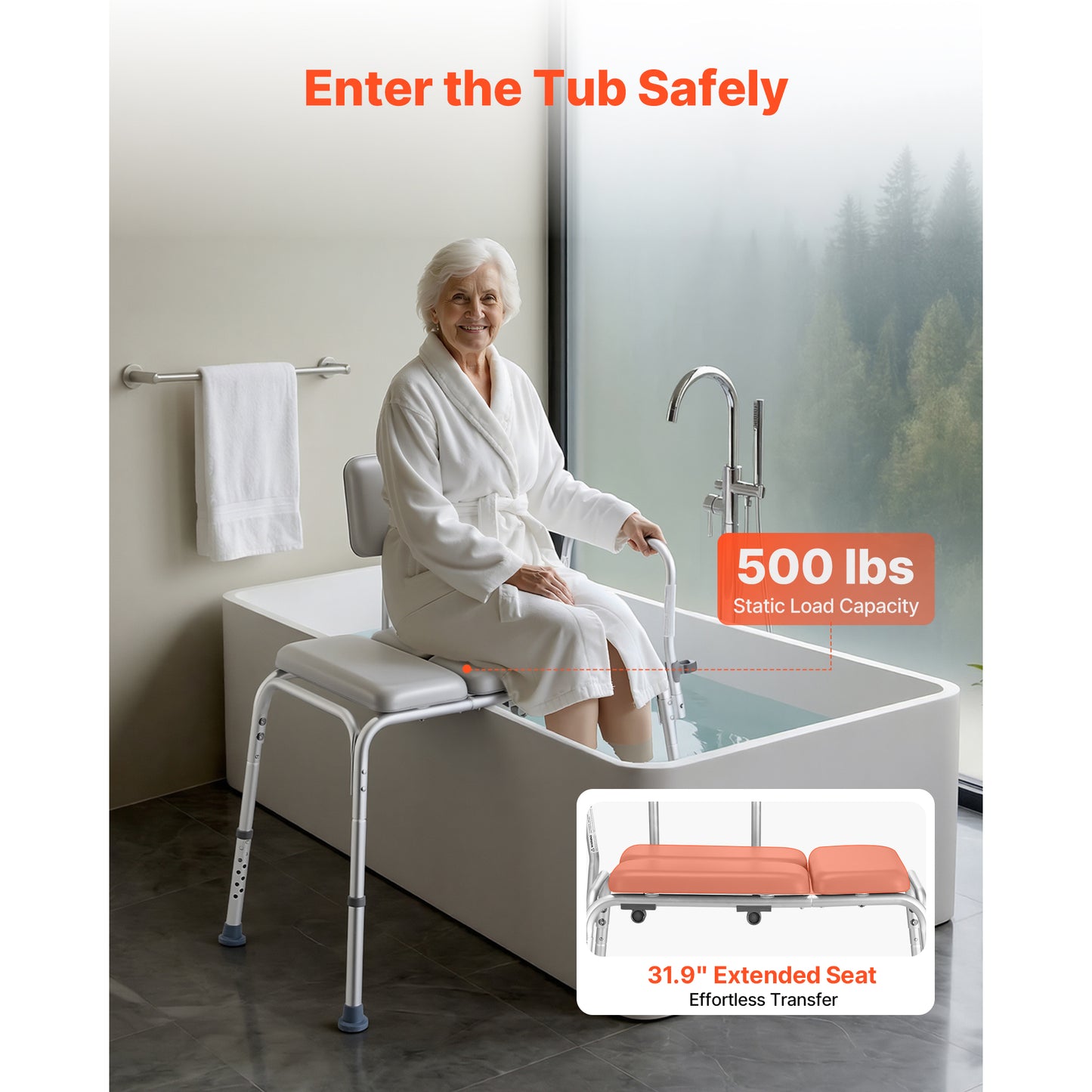 Heavy Duty Shower Bench with Arm & Backrest - 500 Lbs Capacity, Height Adjustable Bathroom Seat for Adults & Seniors