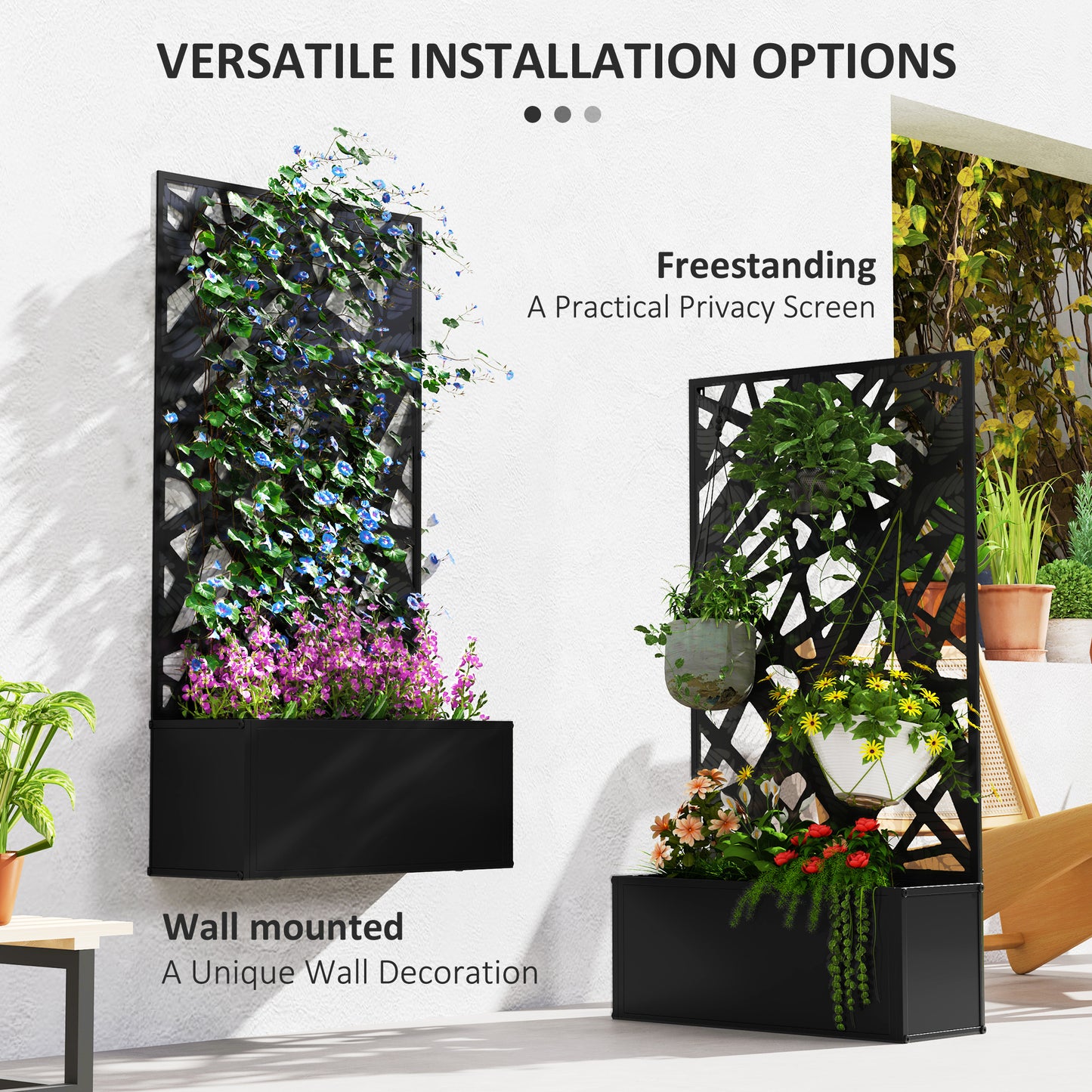 Metal Garden Bed with Trellis for Climbing Plants - Freestanding or Wall Mountable, Black, 960x680x65 mm