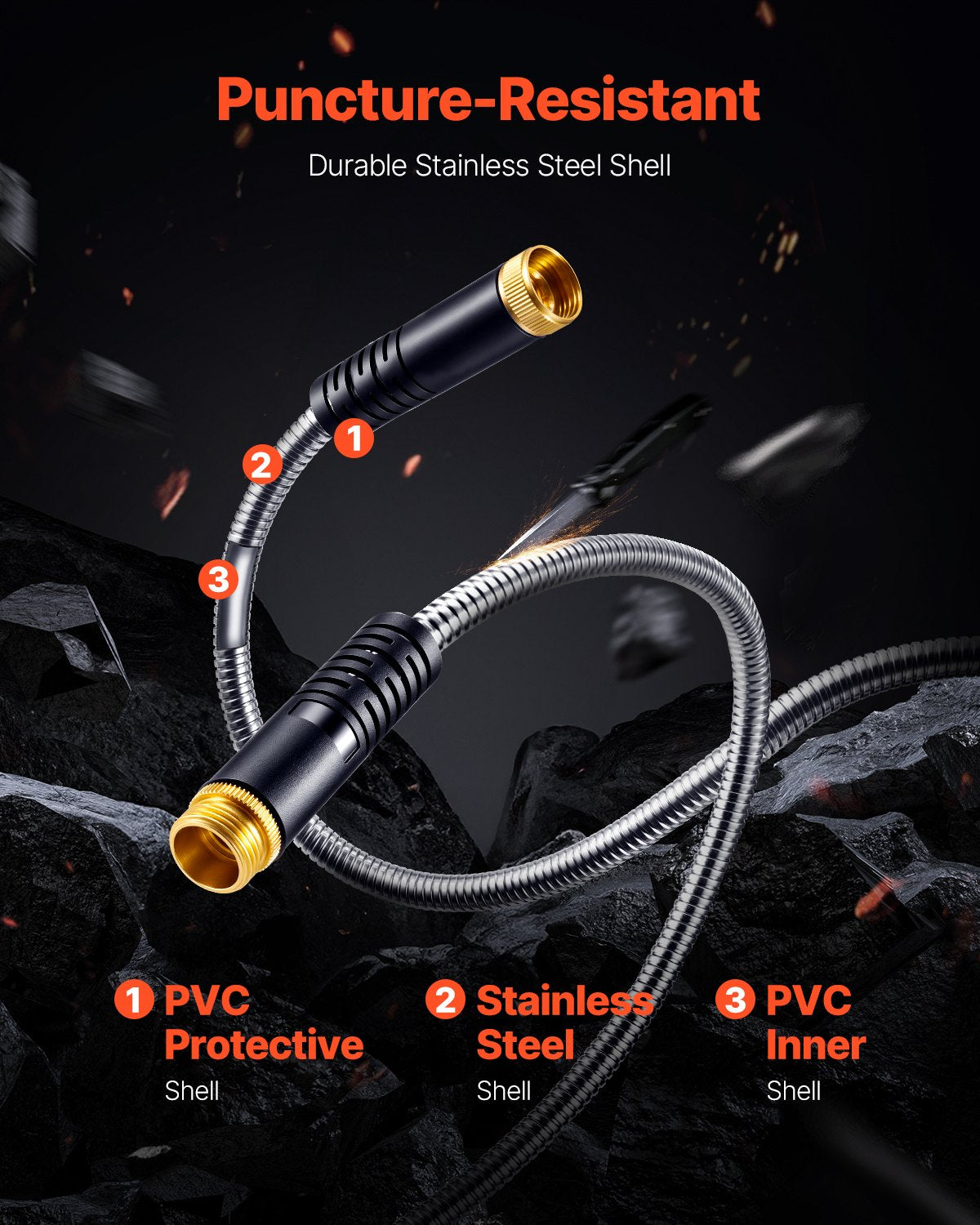 75 Ft Heavy Duty Metal Garden Hose with No-Kink Nozzle - Rust Proof Stainless Steel Water Pipe, Lightweight & Flexible Backyard Watering Tool